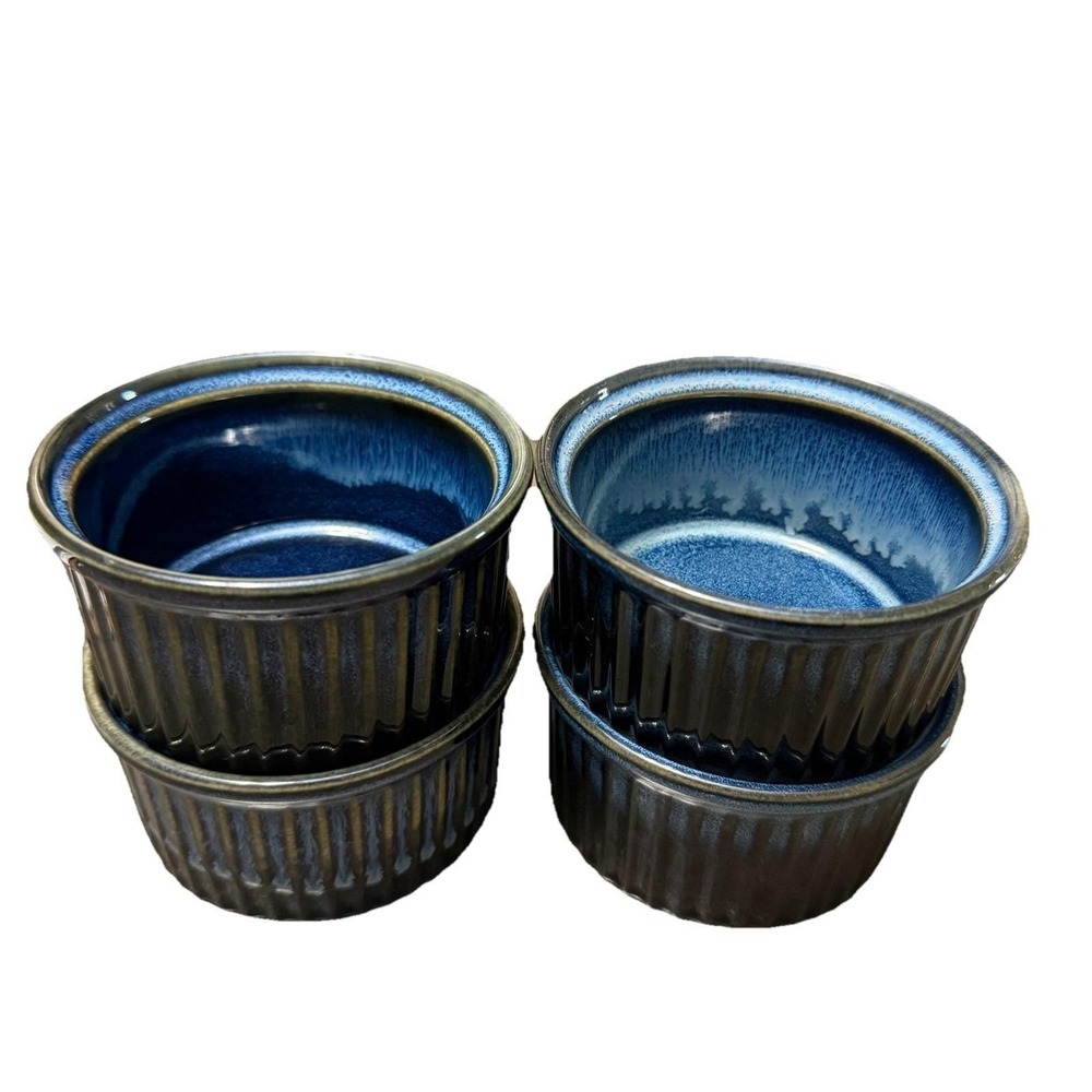 Basque Ceramic Ramekins Stoneware Set Of 4 6 oz Glossy Andalusian Blue Bowl